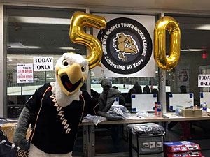 Bald Eagle Mascot Behind a Press Box